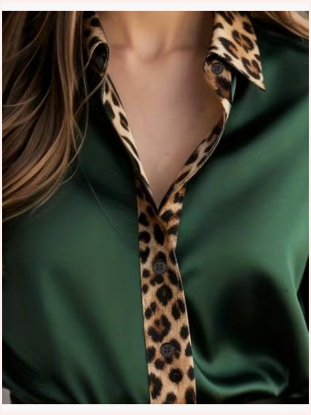 Leopard Satin Button Down Blouse Long Sleeve - Picture 4 of 5
